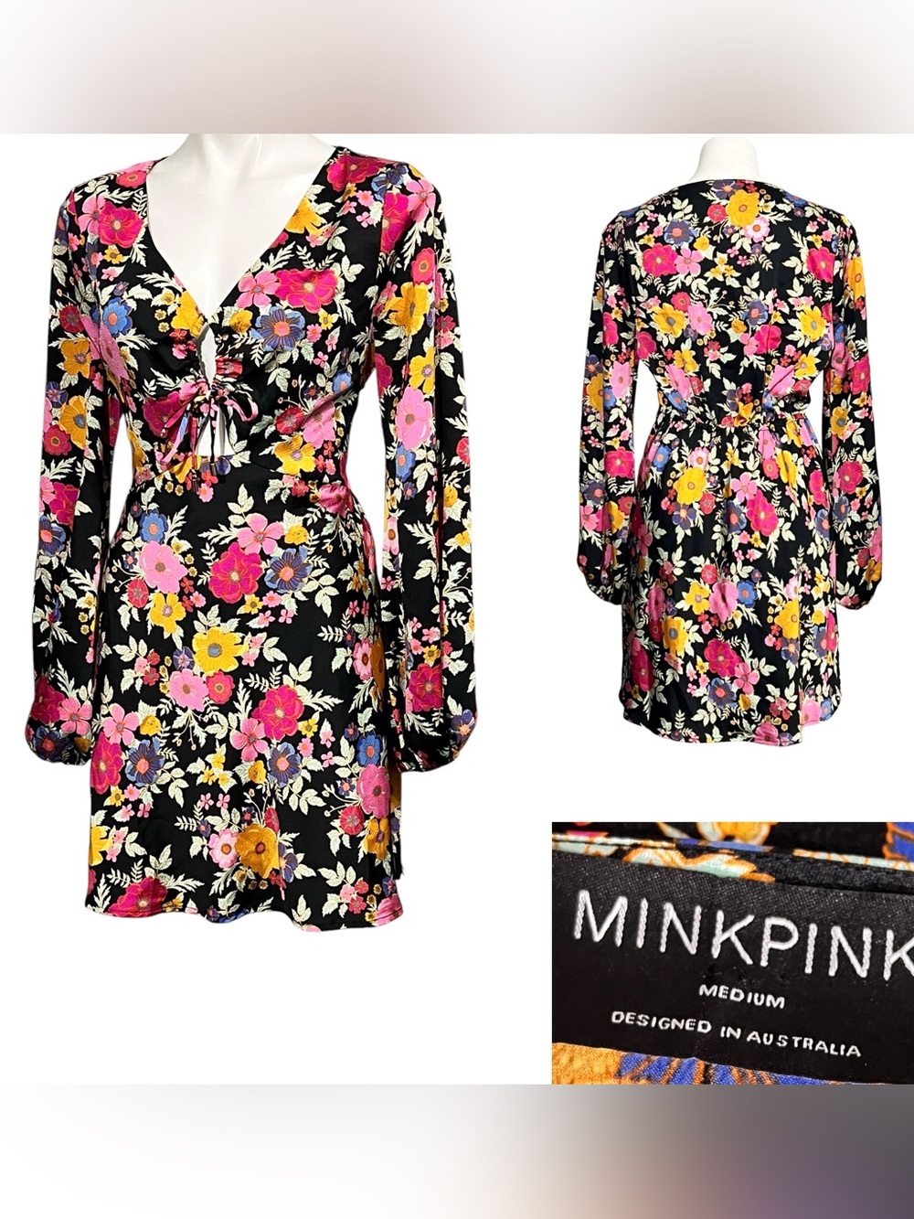 MINKPINK dress M Black multicolor Floral Tie-Front Mini long sleeve mod retro